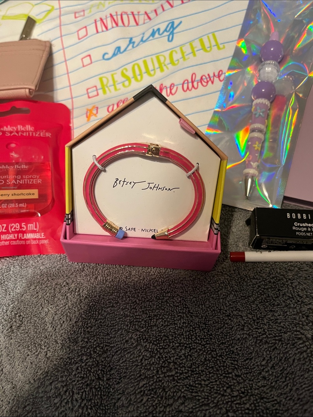 NWT Teacher Reusable Tote Bag with Colorful Script and Pink Handles plus 9 gifts - Picture 3 of 16